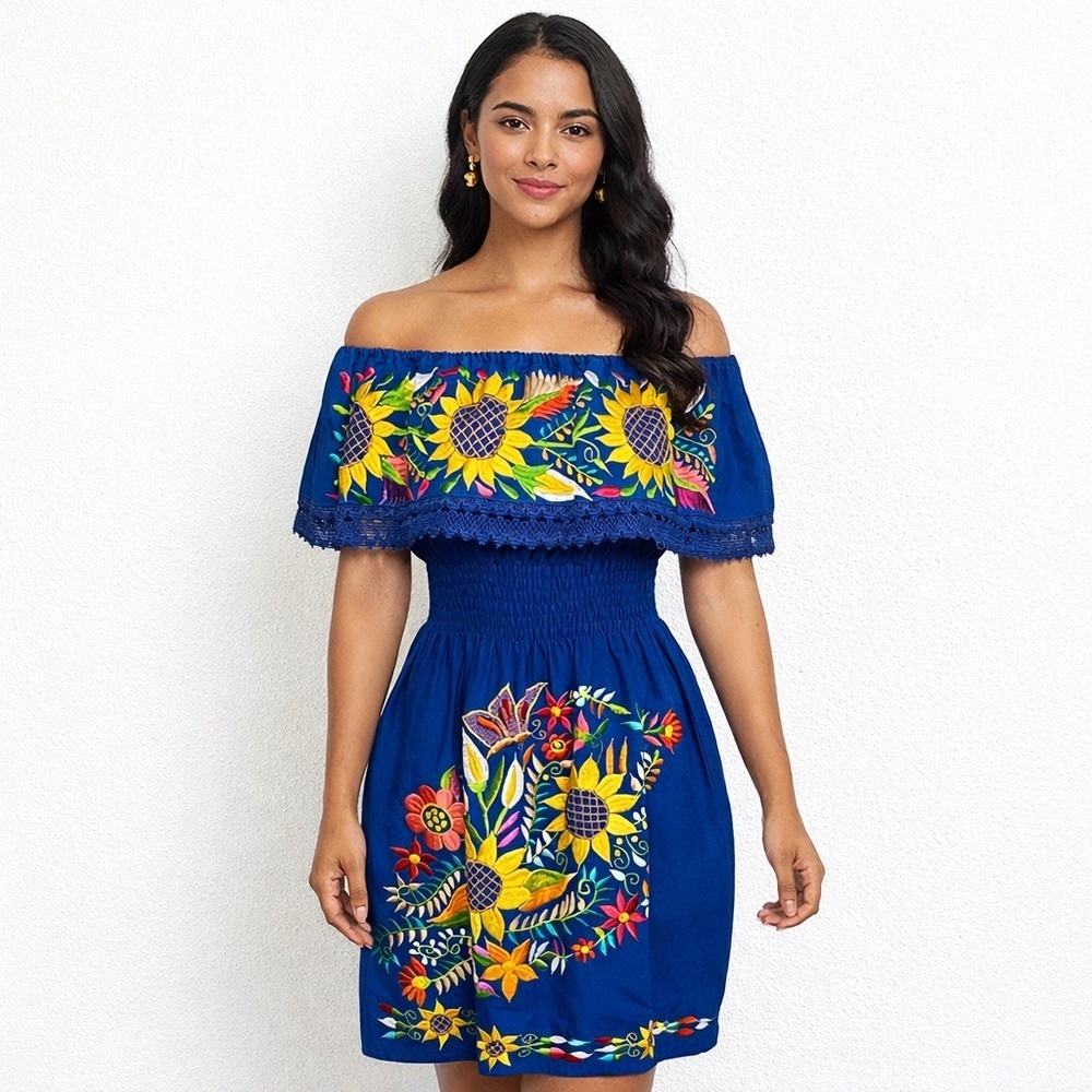 Mexican Campesina Dress Off Shoulder Royal Blue Sunflower Embroidered Smocked M